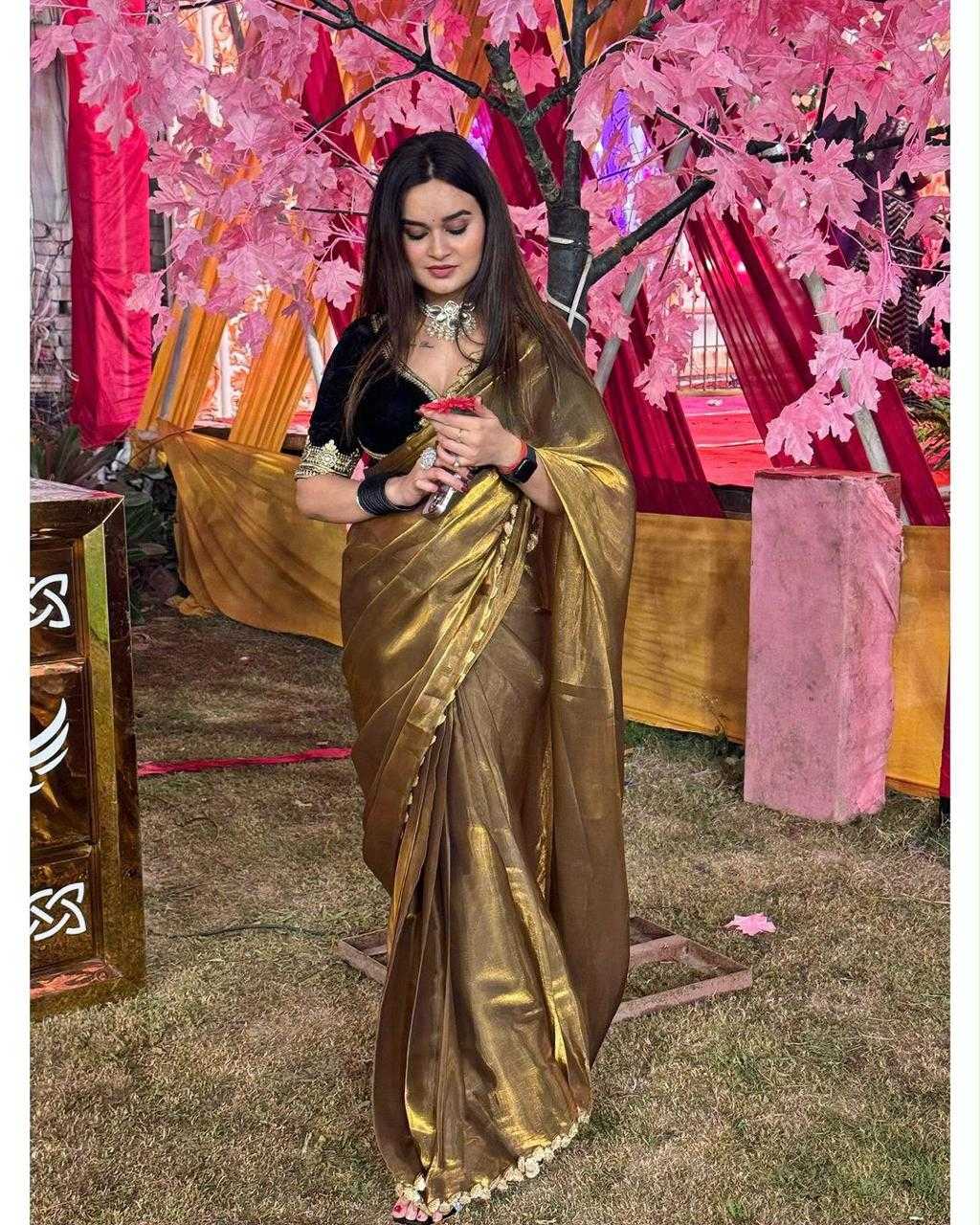 Soft Gold Crush Hand Work Saree