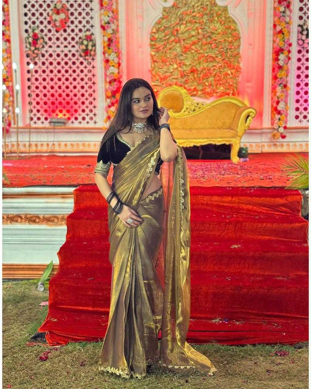 Soft Gold Crush Hand Work Saree