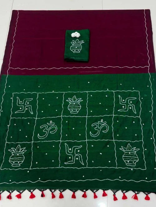 Pure Cotton Designer Saree in Green