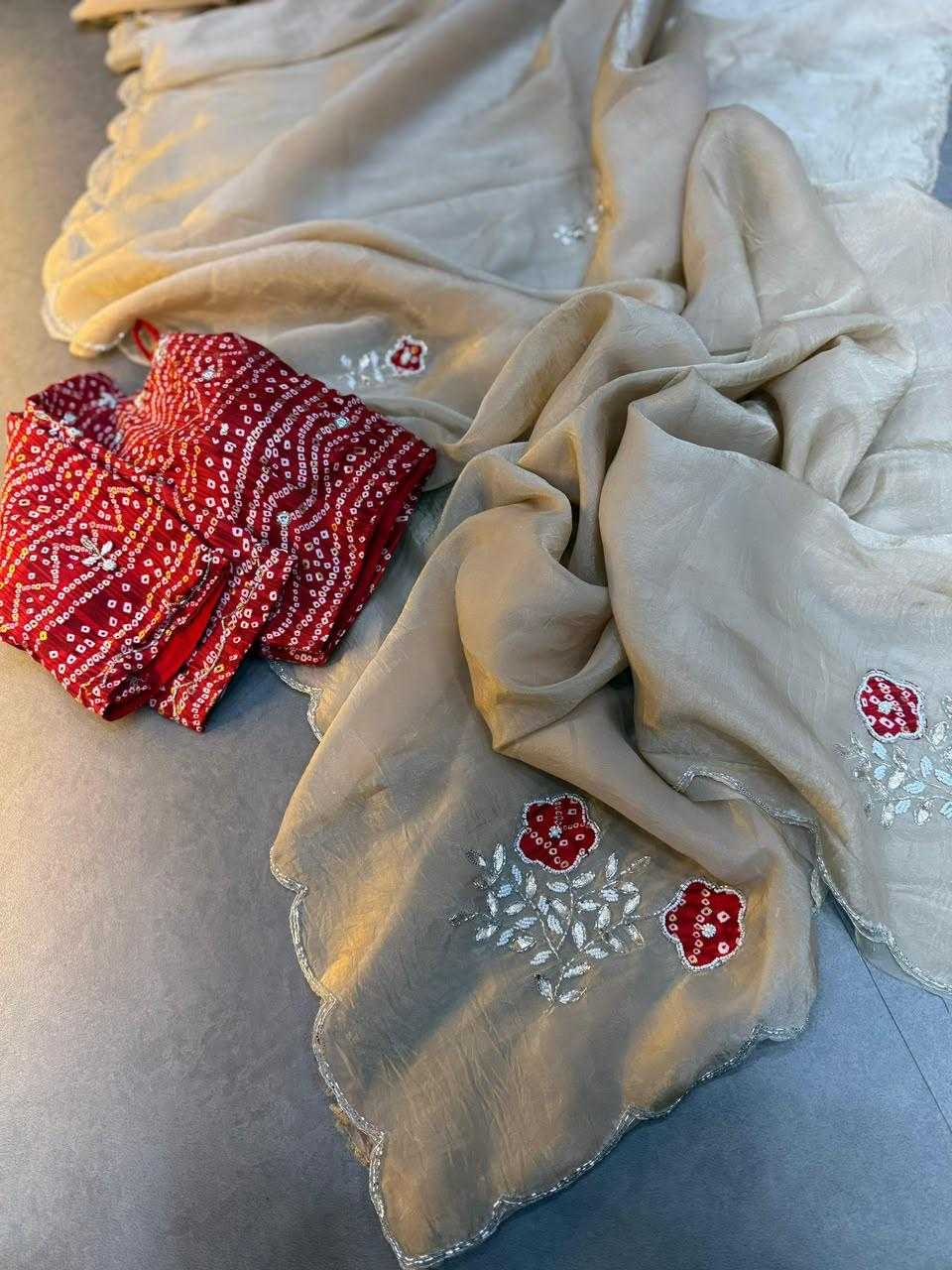 Soft Gold Crush Hand Work Saree
