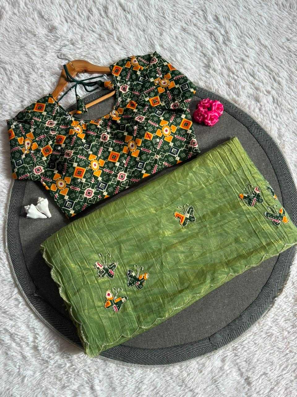 Soft Gold Crush Hand Work Saree