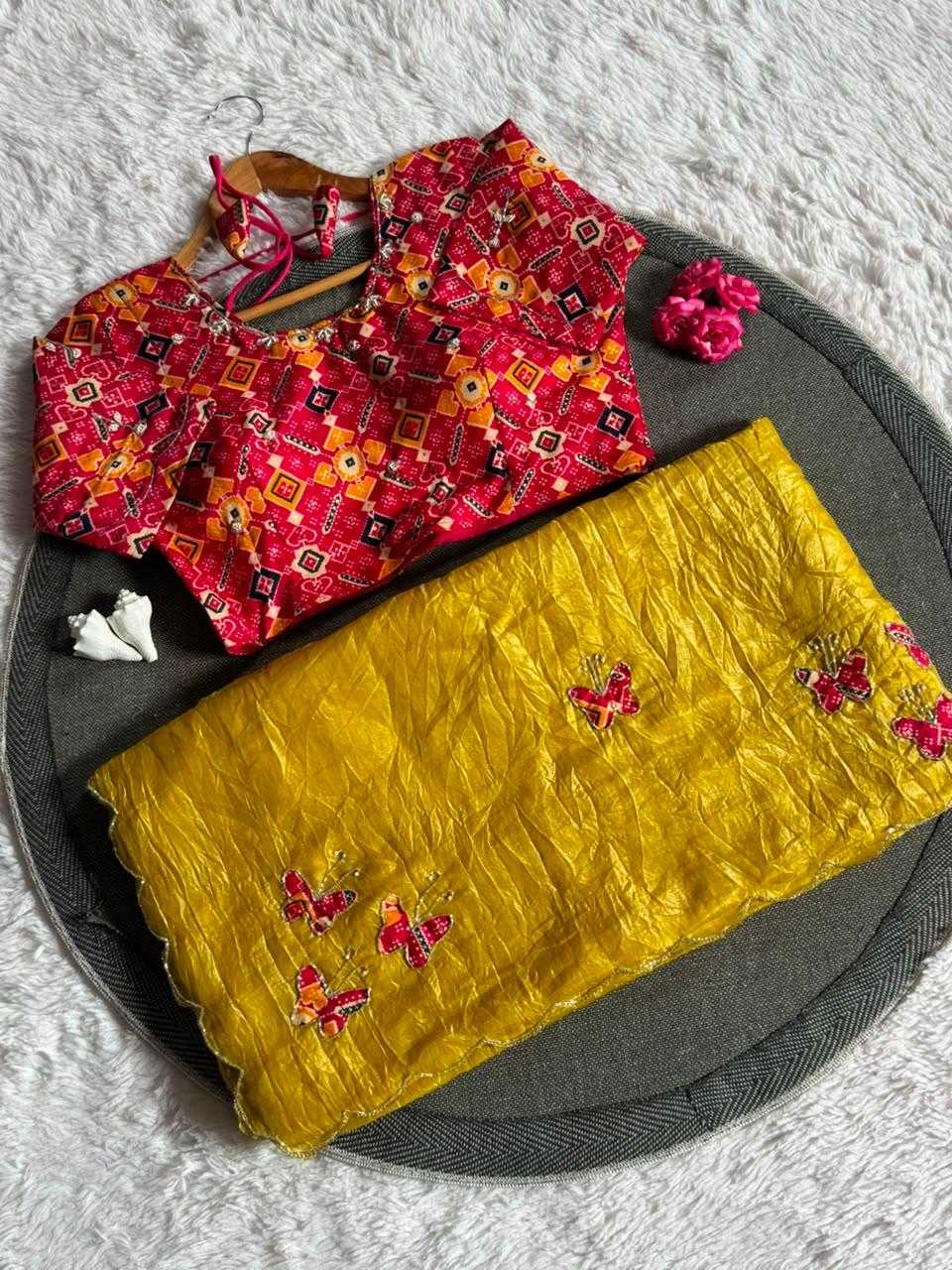 Soft Gold Crush Hand Work Saree