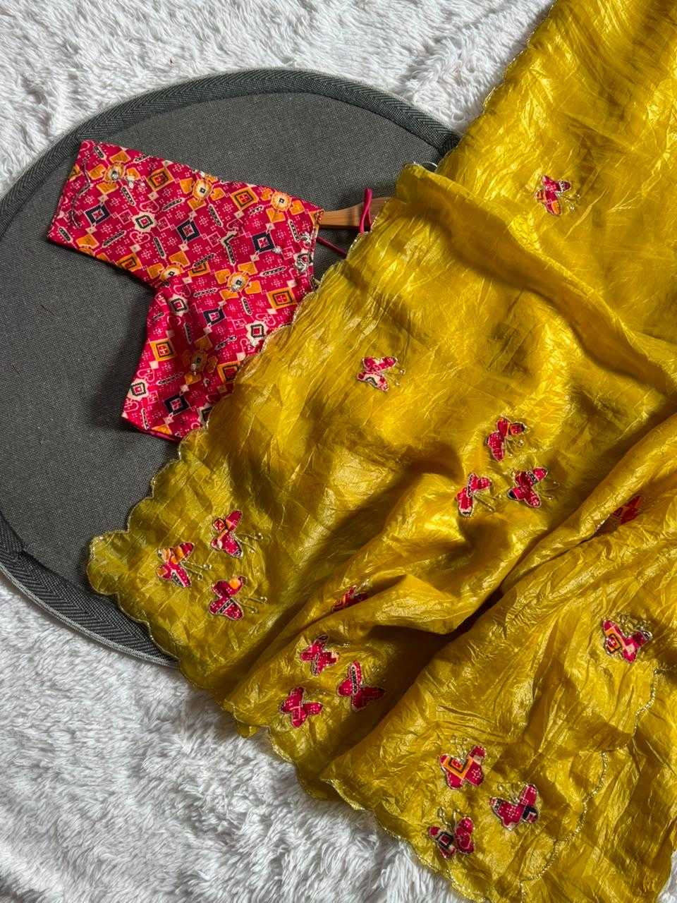 Soft Gold Crush Hand Work Saree