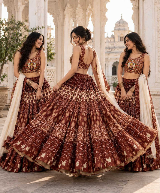 Rust Butta Cotton Cambric Fancy Lehenga