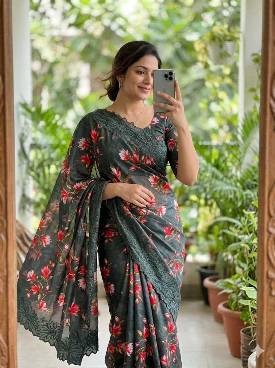 Floral Butta Tussar Silk Saree in Bottle Green
