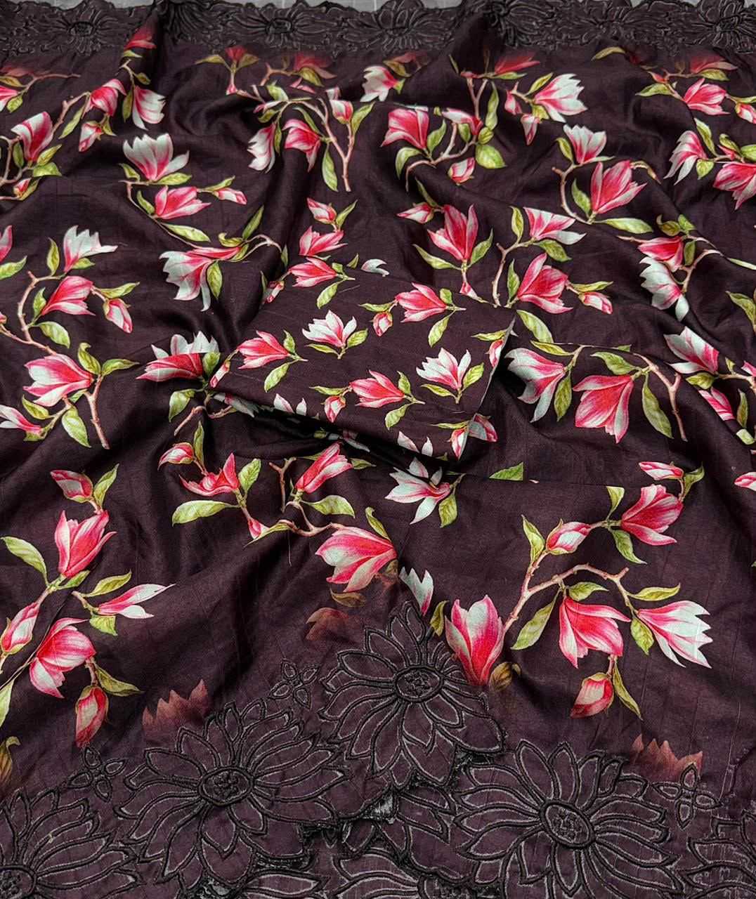 Floral Butta Tussar Silk Saree in Bottle Green