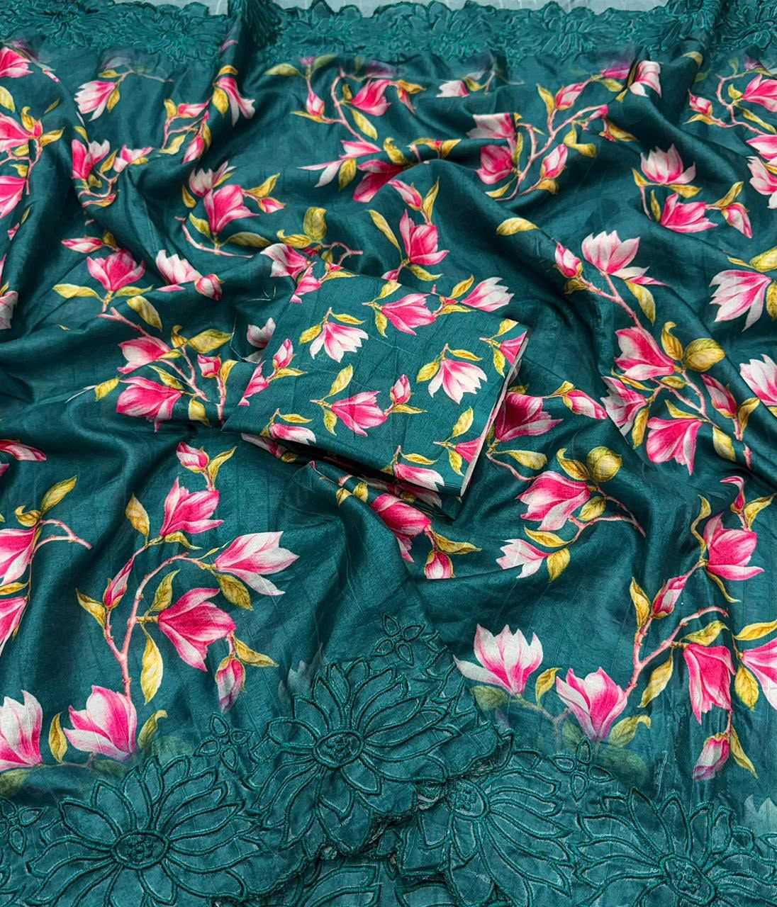 Floral Butta Tussar Silk Saree in Bottle Green