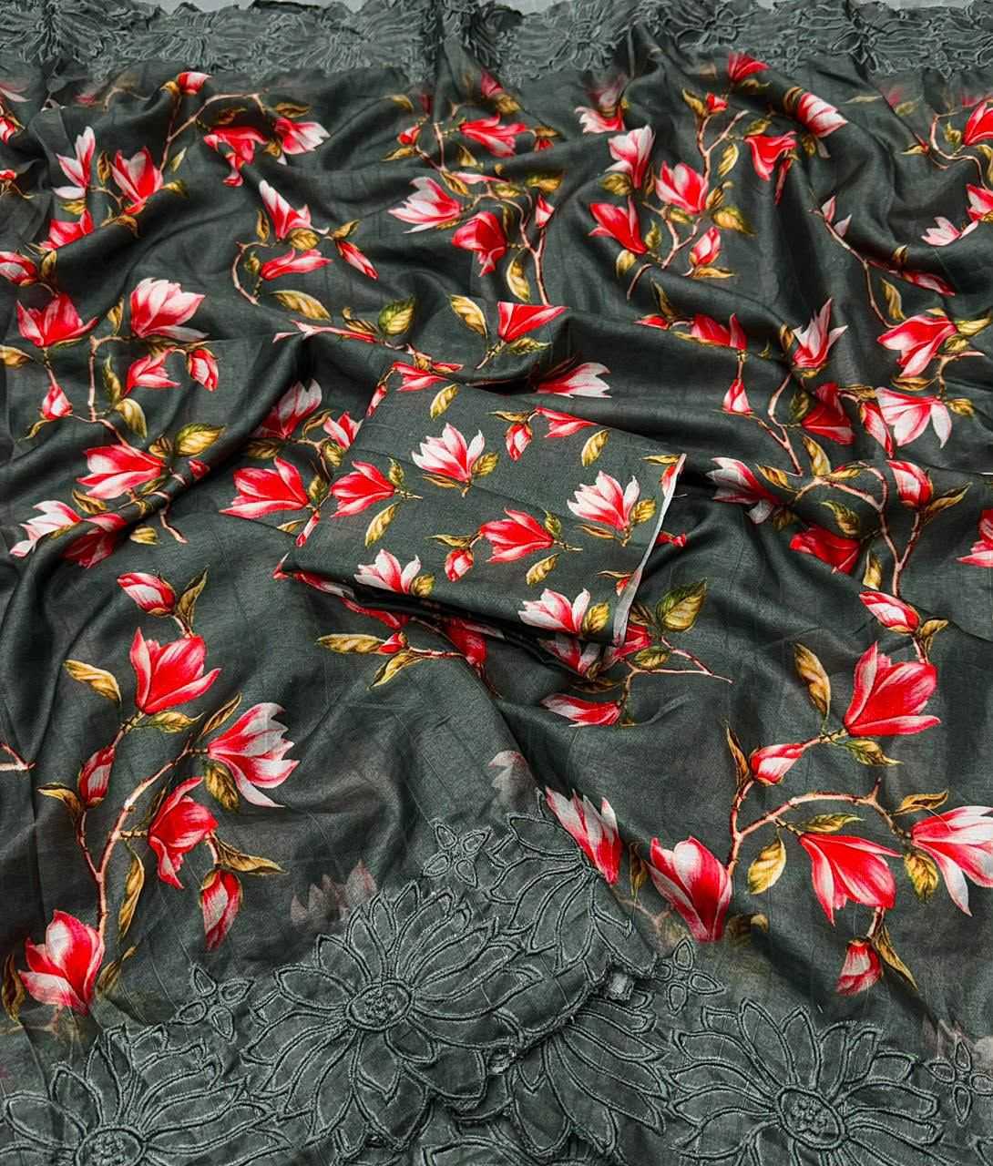 Floral Butta Tussar Silk Saree in Bottle Green