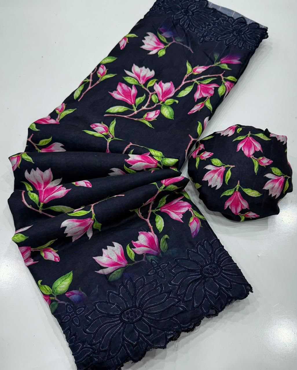 Floral Butta Tussar Silk Saree in Bottle Green