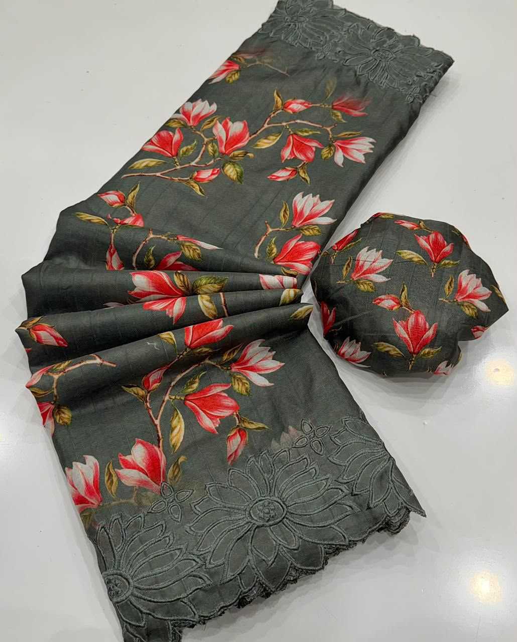 Floral Butta Tussar Silk Saree in Bottle Green
