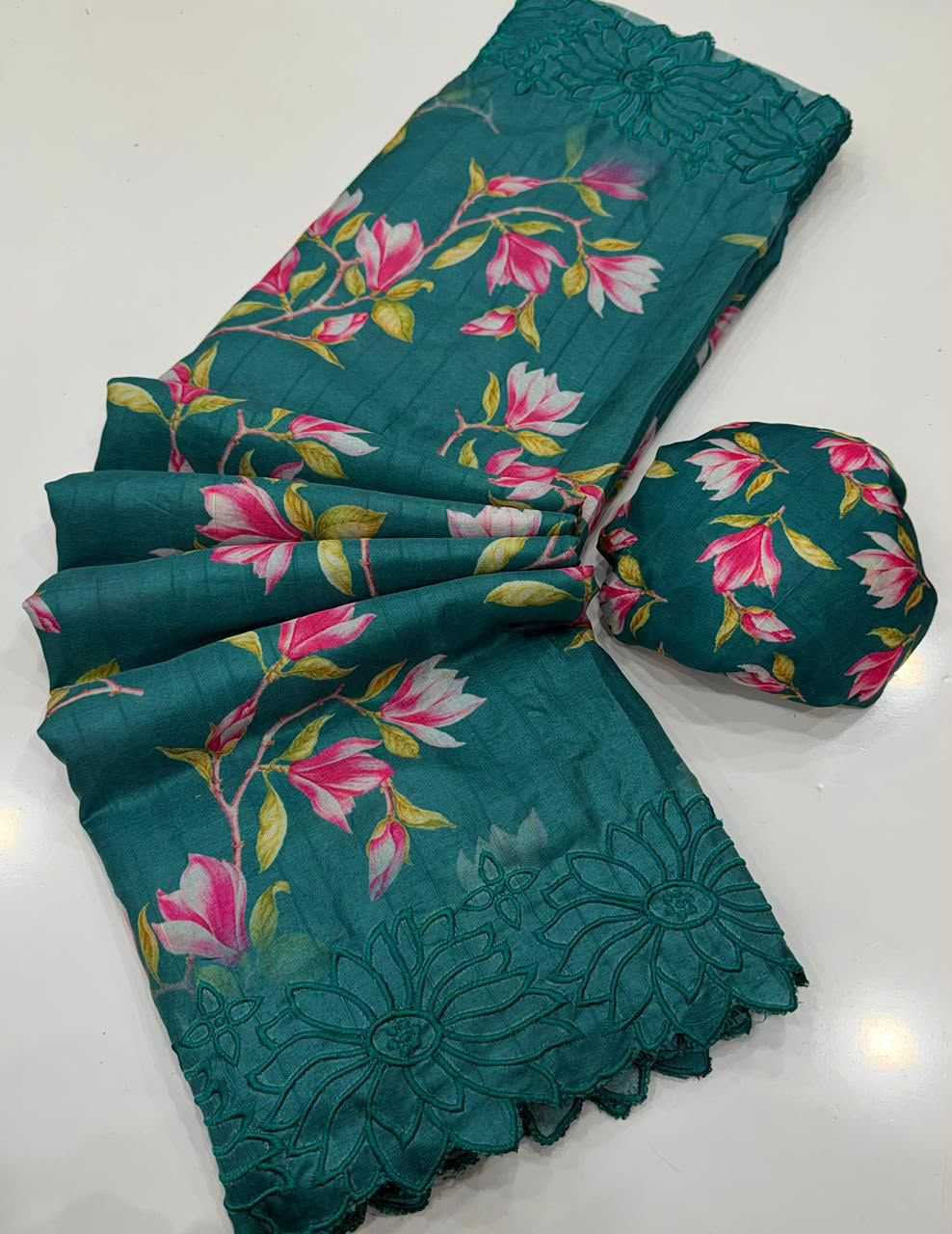 Floral Butta Tussar Silk Saree in Bottle Green