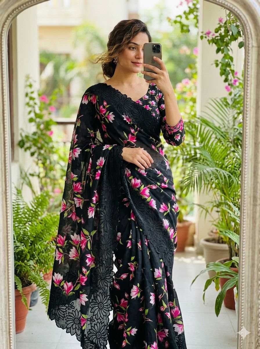 Floral Butta Tussar Silk Saree in Bottle Green