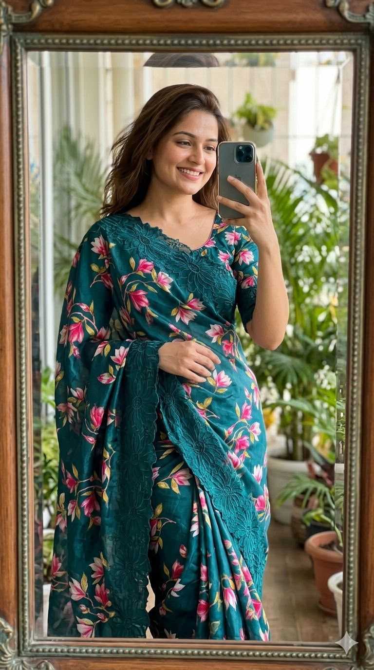 Floral Butta Tussar Silk Saree in Bottle Green