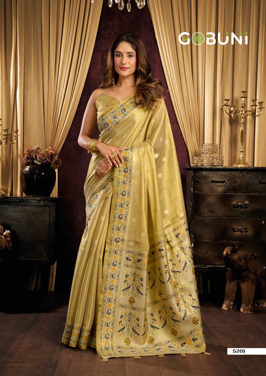Gobuni Saira Tissue Silk Traditional Saree in Mustard
