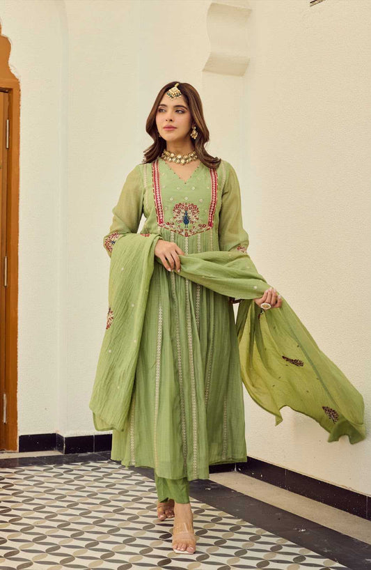 Chanderi Silk Embroidery Gown in Light Green