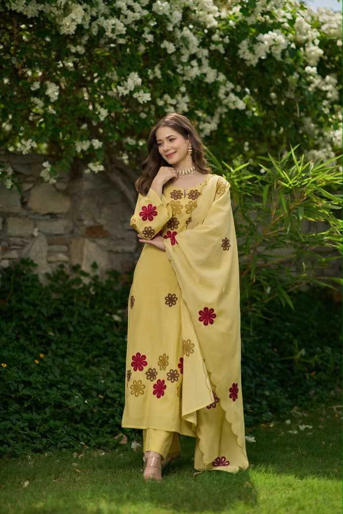 Chanderi Silk Embroidery Suit in Yellow