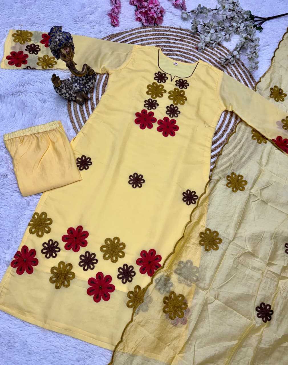 Chanderi Silk Embroidery Suit in Yellow