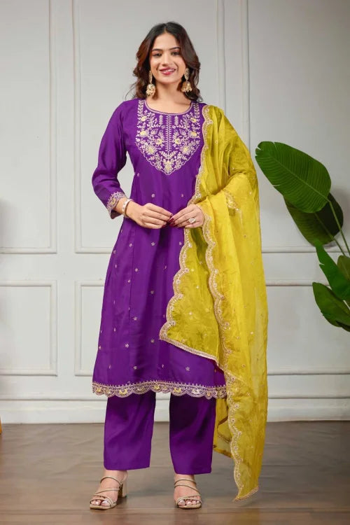 Heavy Roman Silk Embroidery Suit in Violet