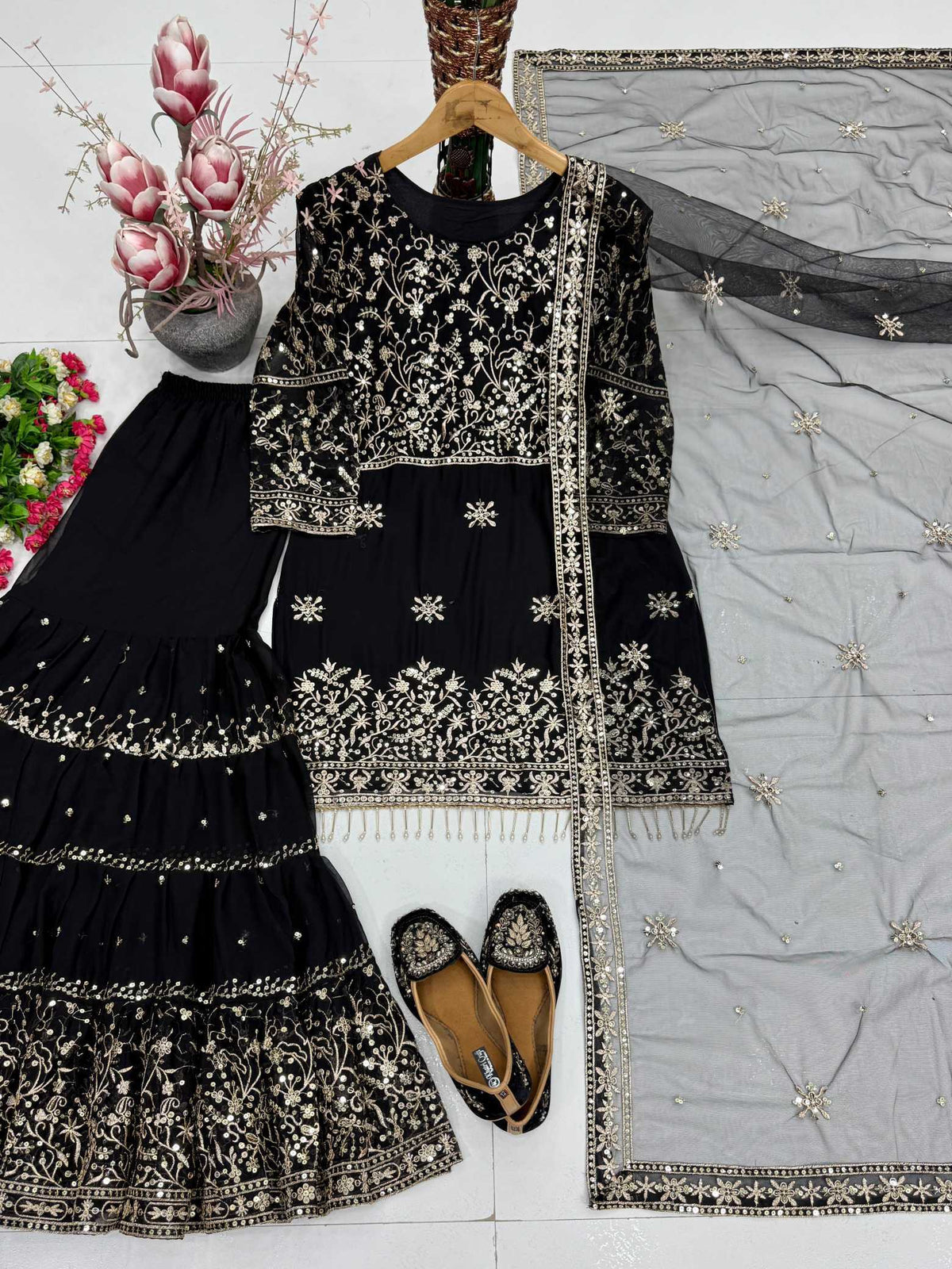 Faux Georgette Sharara Salwar Suit in Black