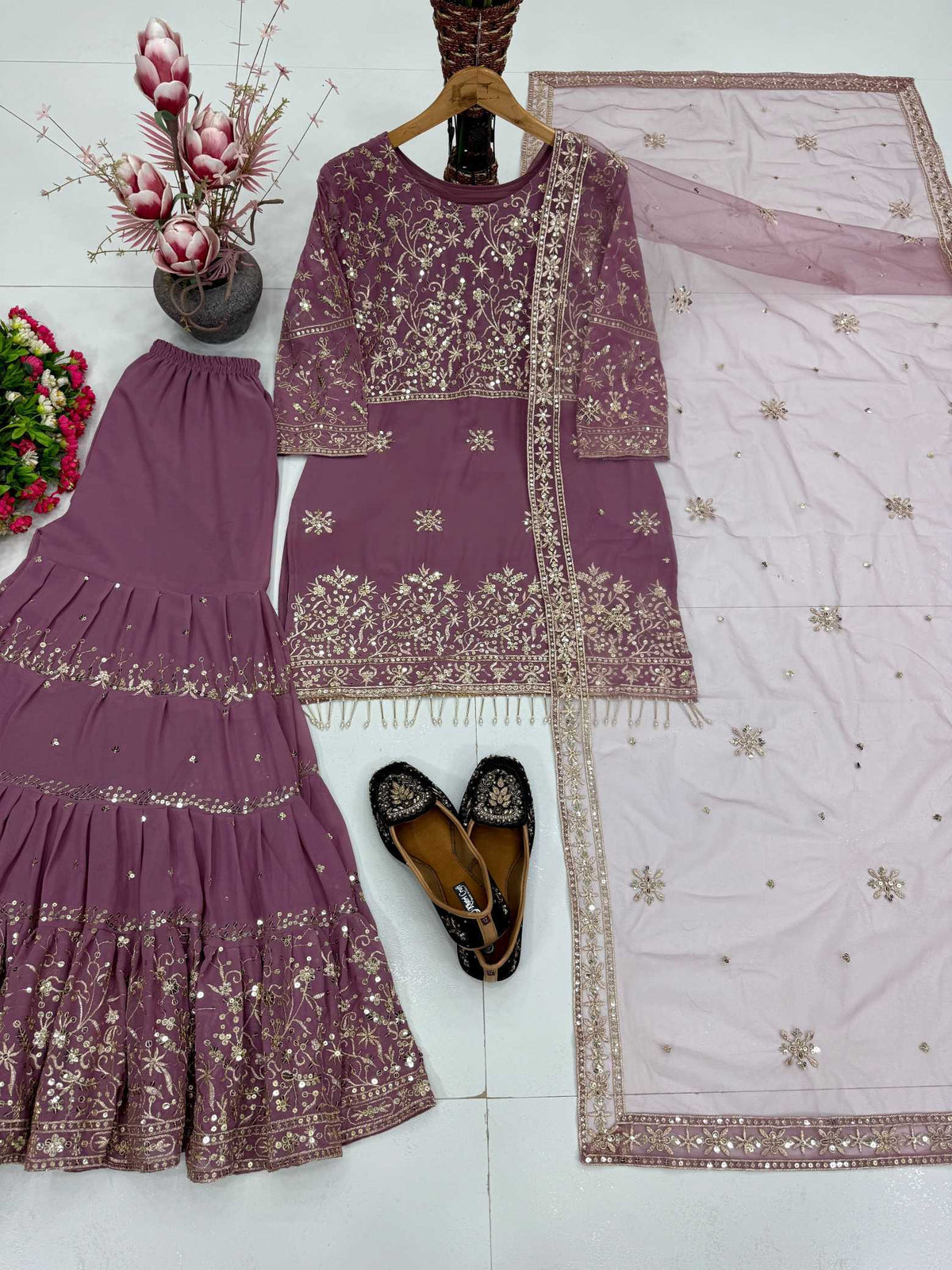 Faux Georgette Sharara Salwar Suit in Black