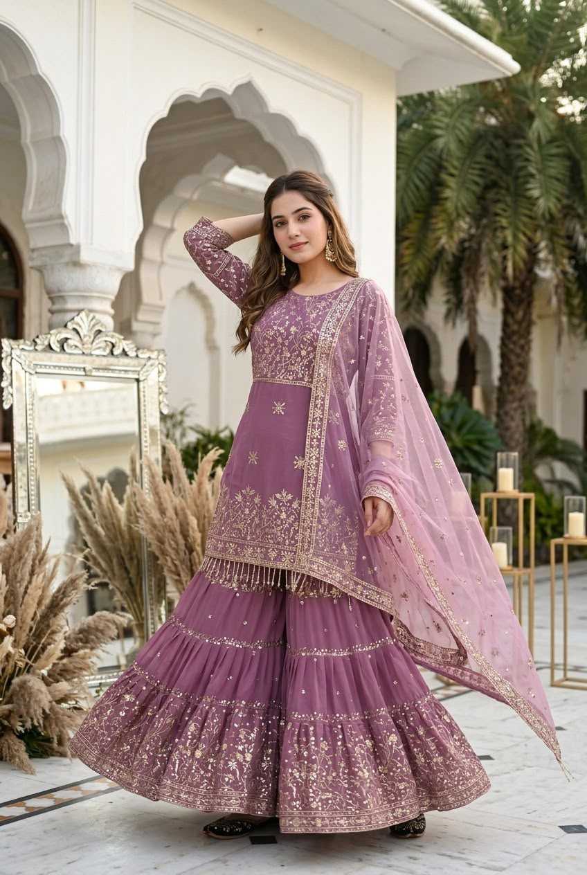 Faux Georgette Sharara Salwar Suit in Black