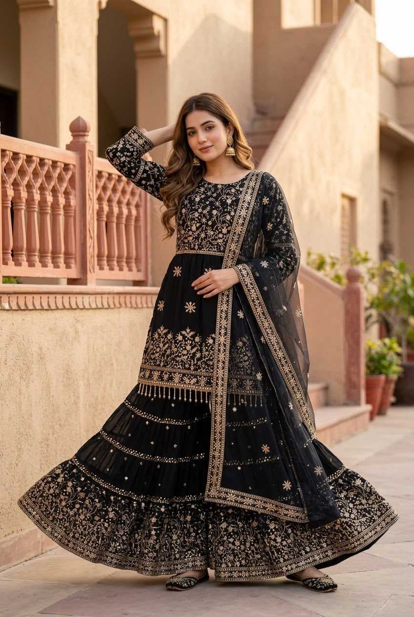 Faux Georgette Sharara Salwar Suit in Black
