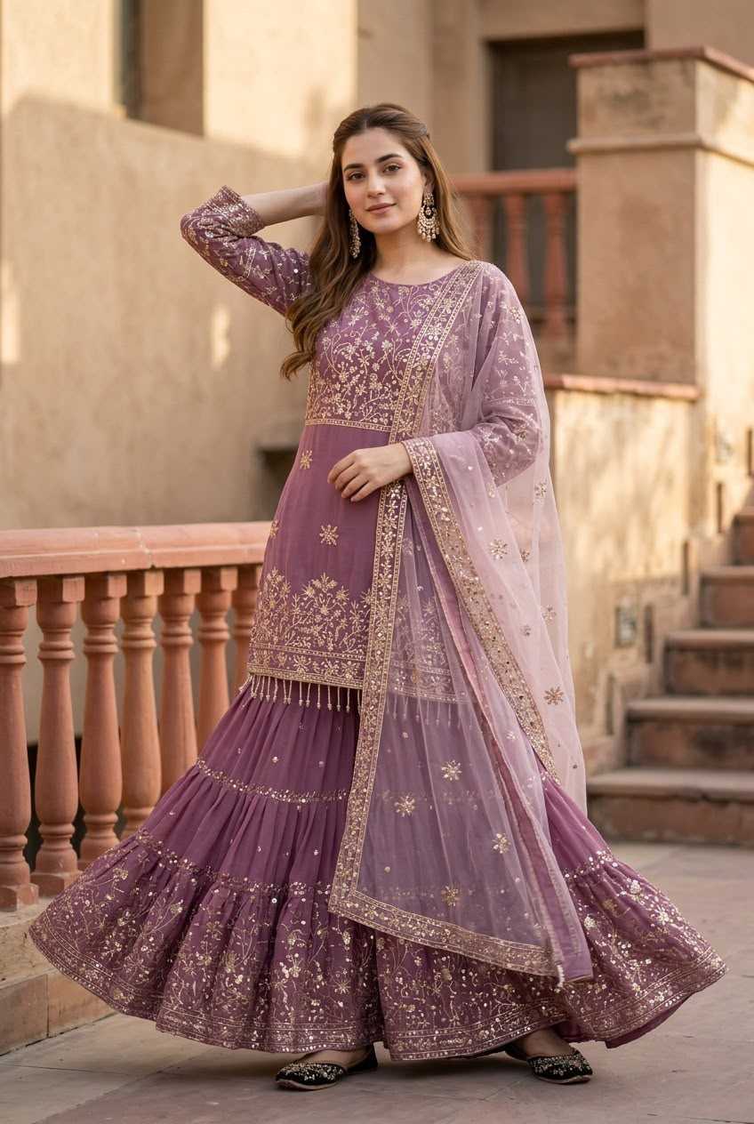 Faux Georgette Sharara Salwar Suit in Black