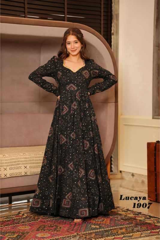 Heavy Rayon Printed Gown in Black