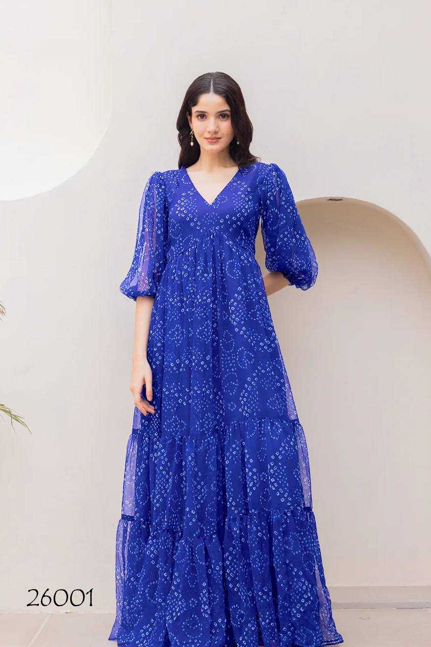 Faux Georgette Printed Gown in Deep Blue