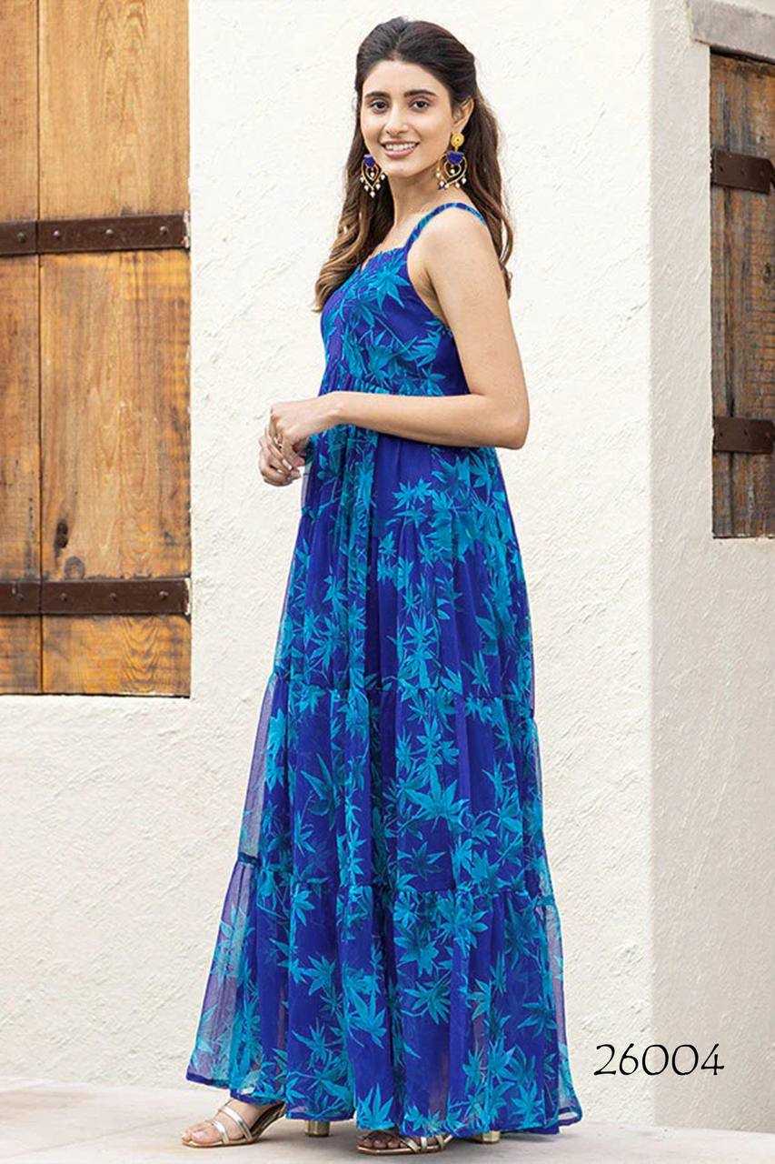 Faux Georgette Printed Gown in Deep Blue