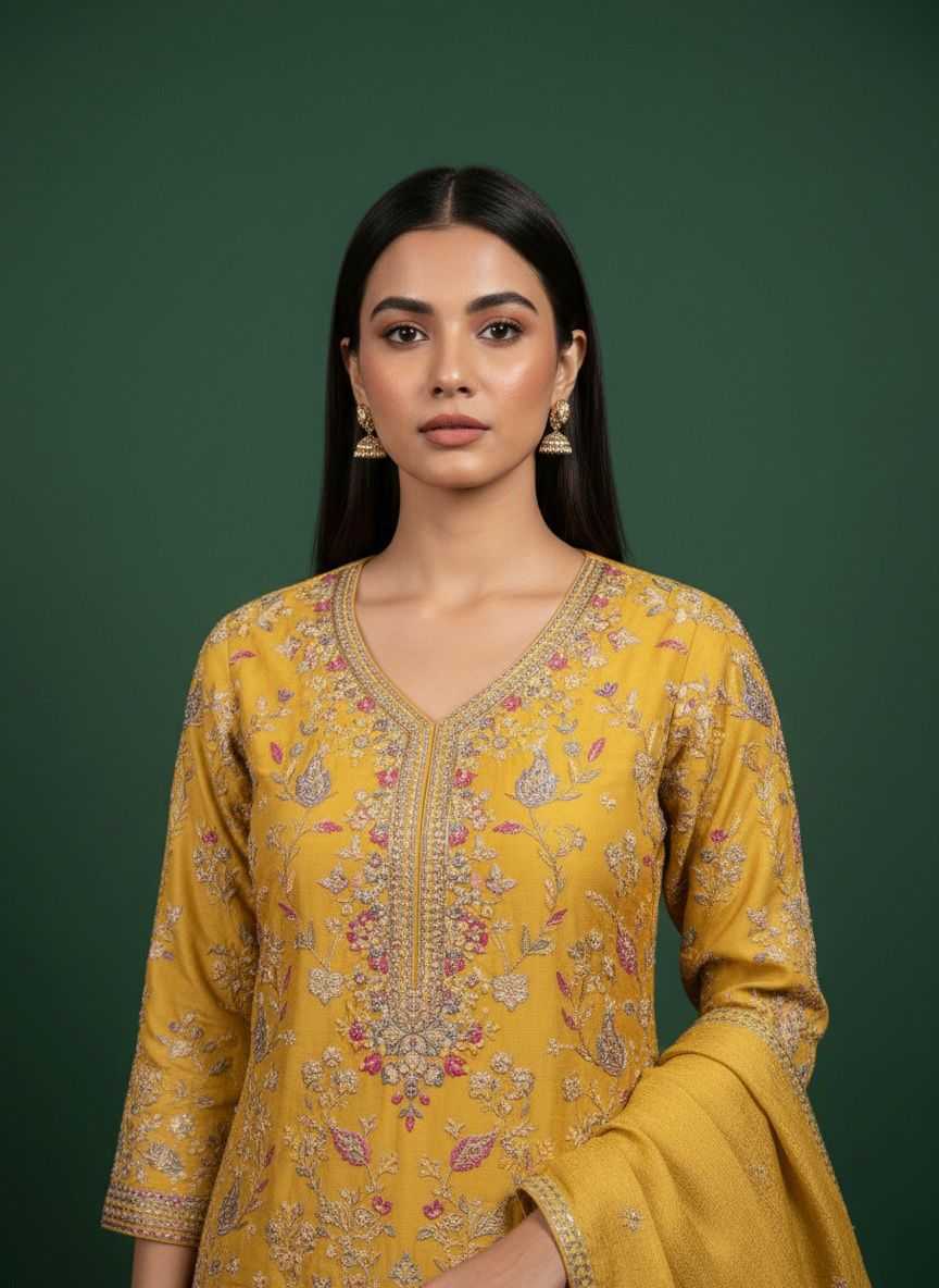 Chinon Embroidery Suit in Mustard