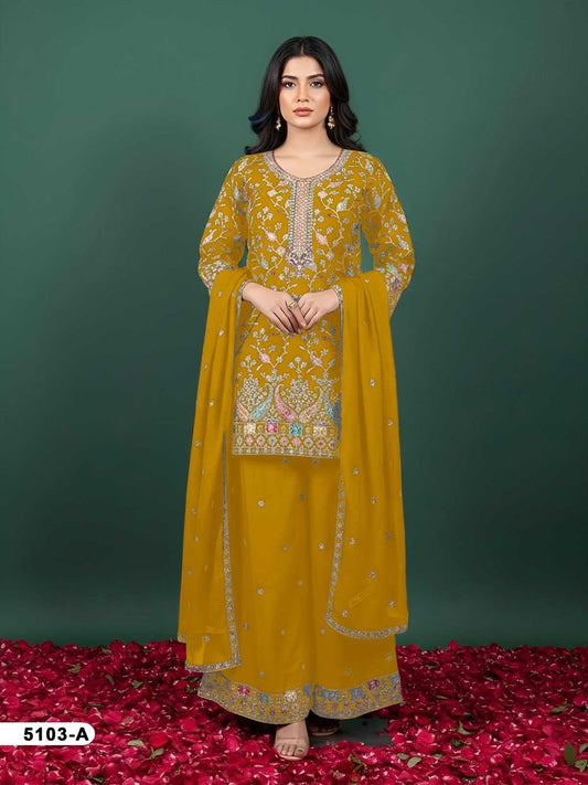 Chinon Embroidery Suit in Mustard