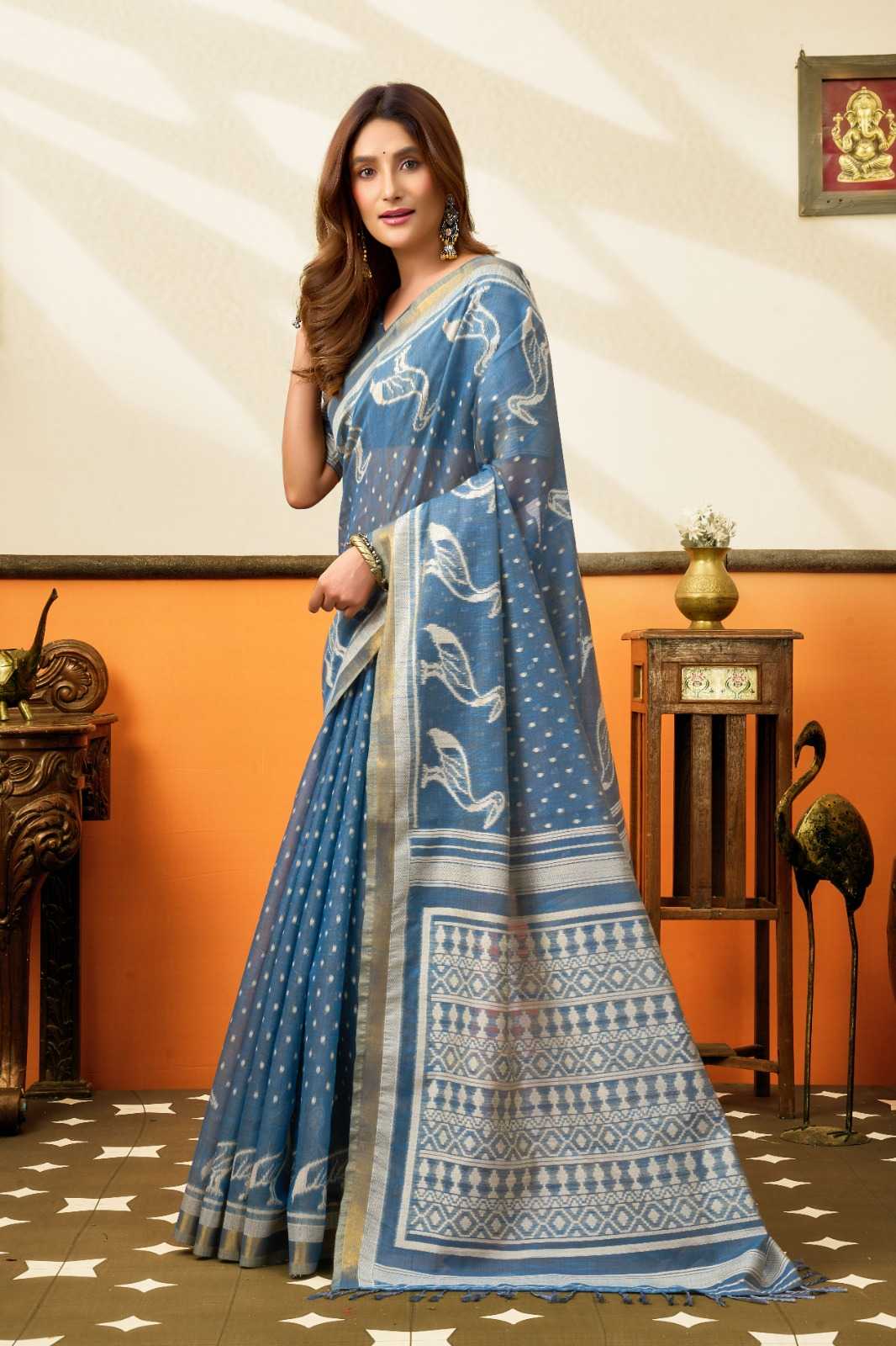 Gobuni Sangeeta Cotton Fancy Saree in Denim Blue
