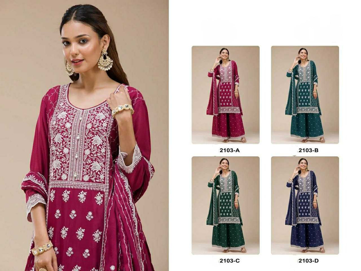 Faux Georgette Embroidery Suit in Navy Blue