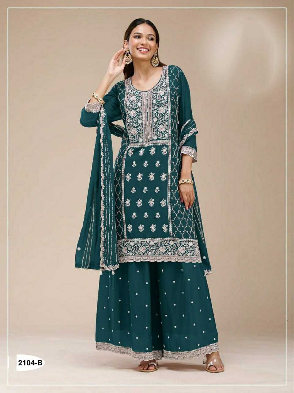 Faux Georgette Embroidery Suit in Navy Blue