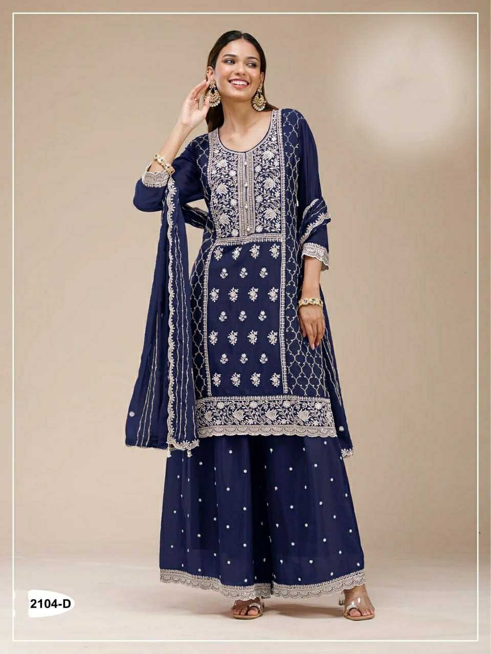 Faux Georgette Embroidery Suit in Navy Blue