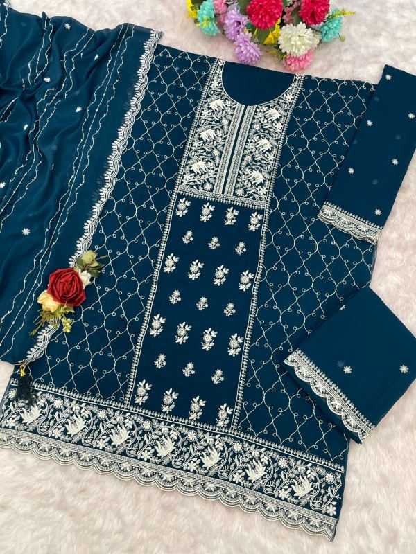 Faux Georgette Embroidery Suit in Navy Blue
