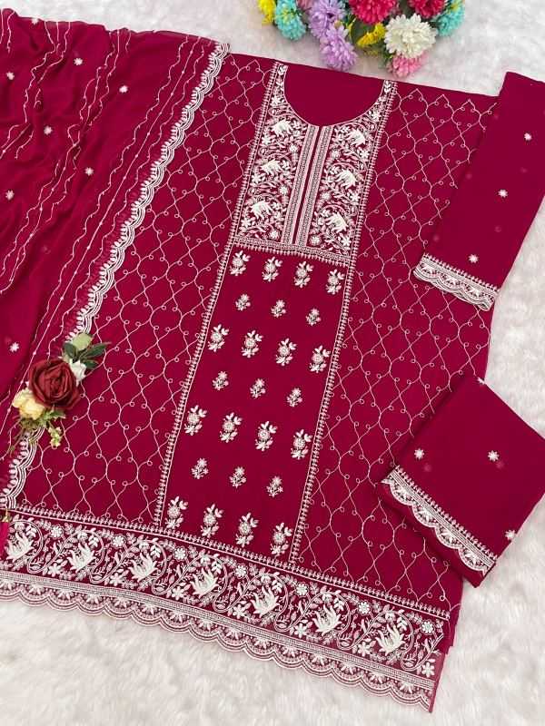 Faux Georgette Embroidery Suit in Navy Blue