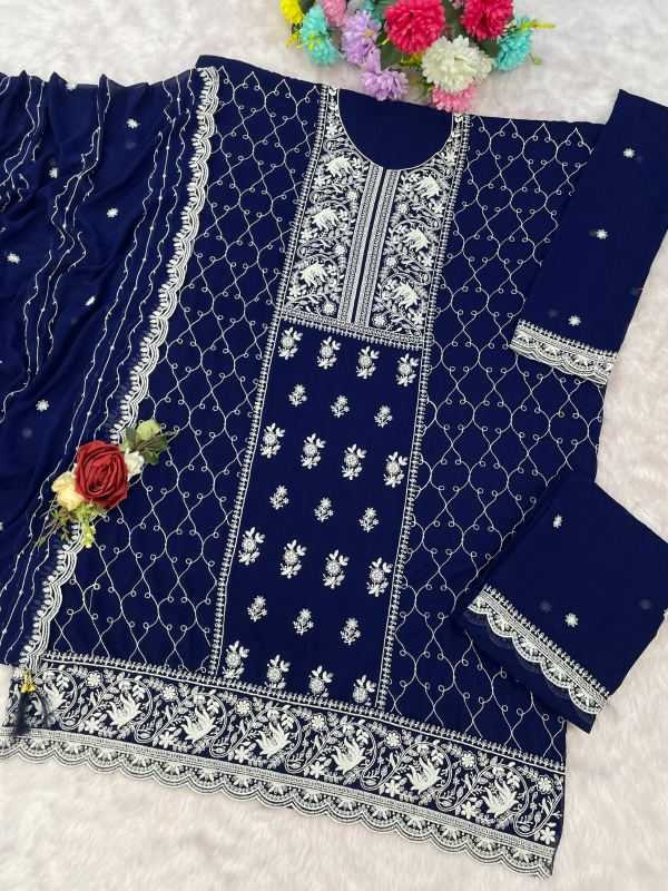 Faux Georgette Embroidery Suit in Navy Blue