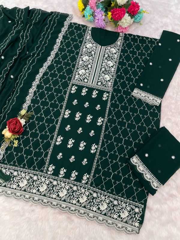 Faux Georgette Embroidery Suit in Navy Blue