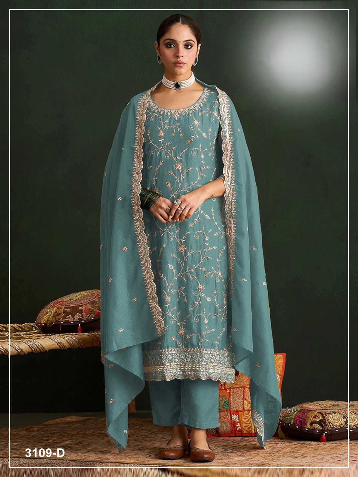 Pavitra Vichitra Silk Embroidery Suit in Sky