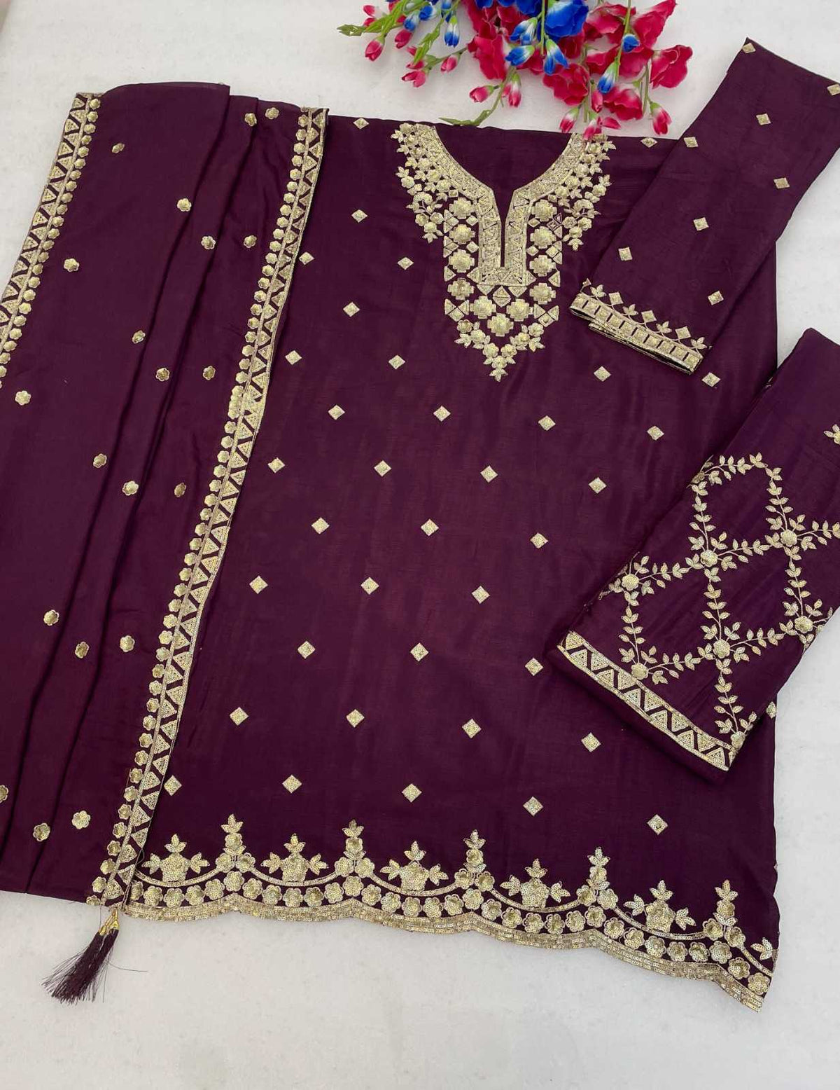 Pavitra Chinon Silk Embroidery Suit in Dark Wine