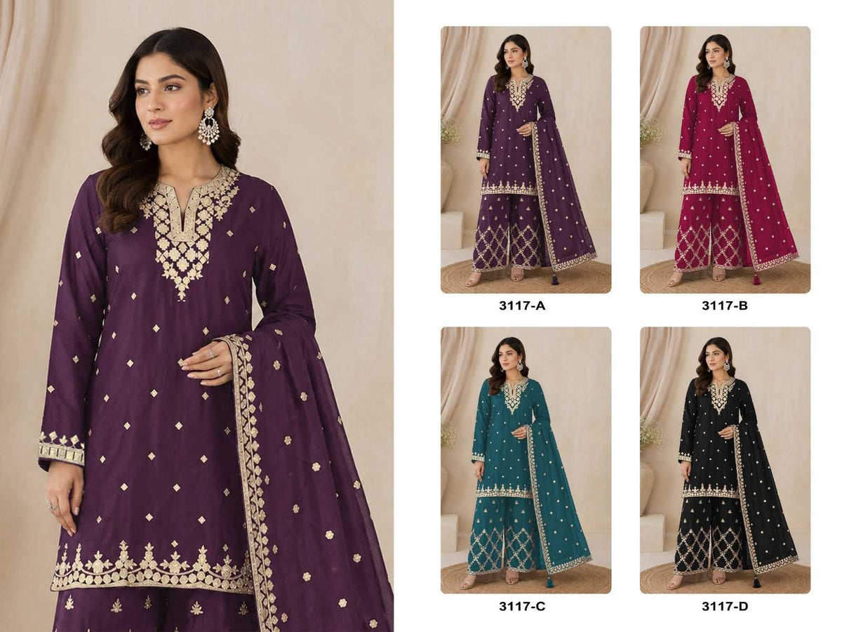 Pavitra Chinon Silk Palazzo Suit in Rani