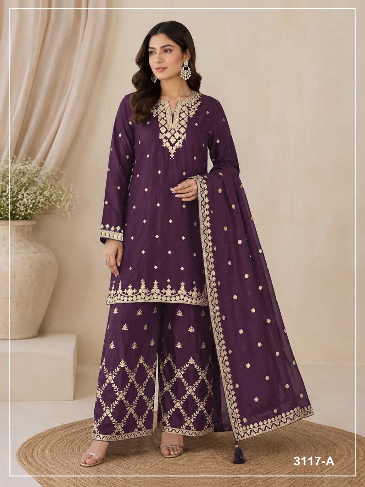 Pavitra Chinon Silk Palazzo Suit in Rani
