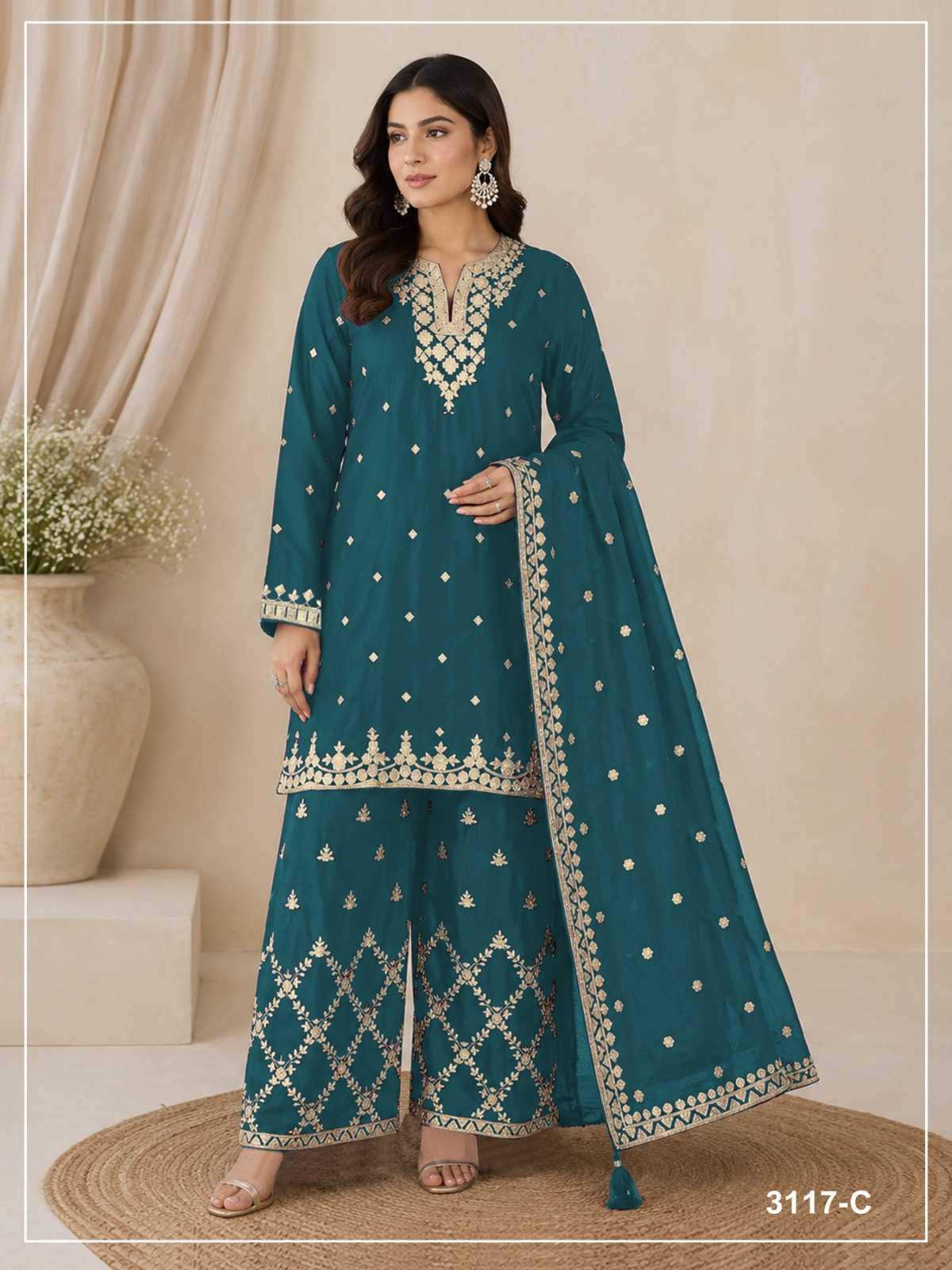 Pavitra Chinon Silk Palazzo Suit in Rani
