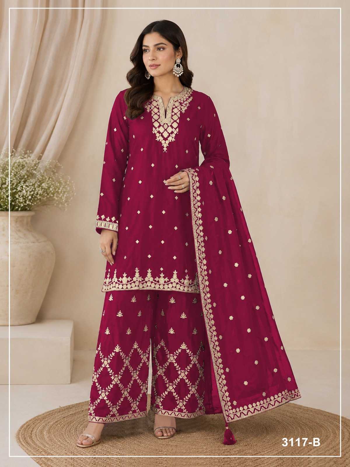 Pavitra Chinon Silk Palazzo Suit in Rani
