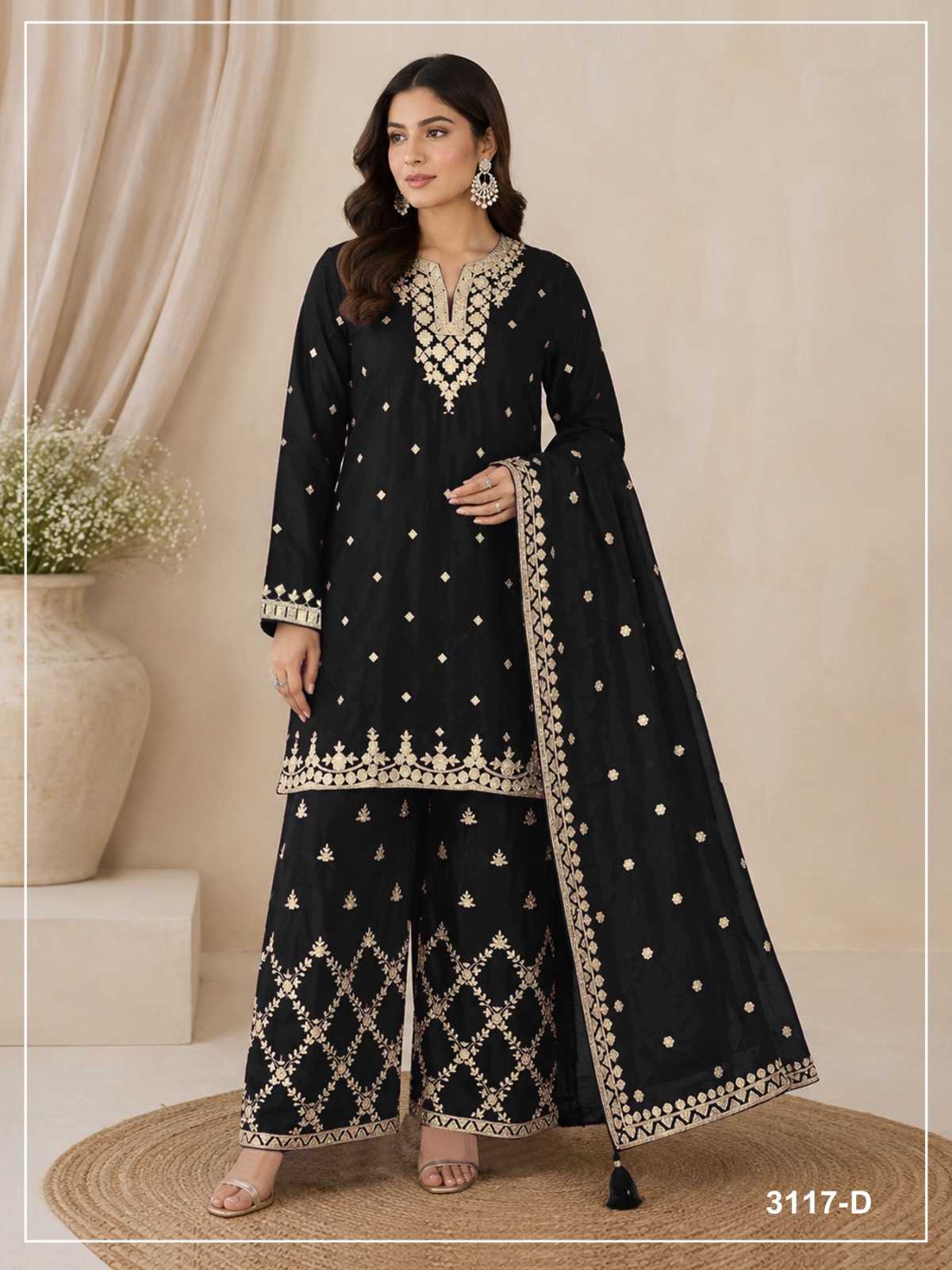 Pavitra Chinon Silk Palazzo Suit in Rani