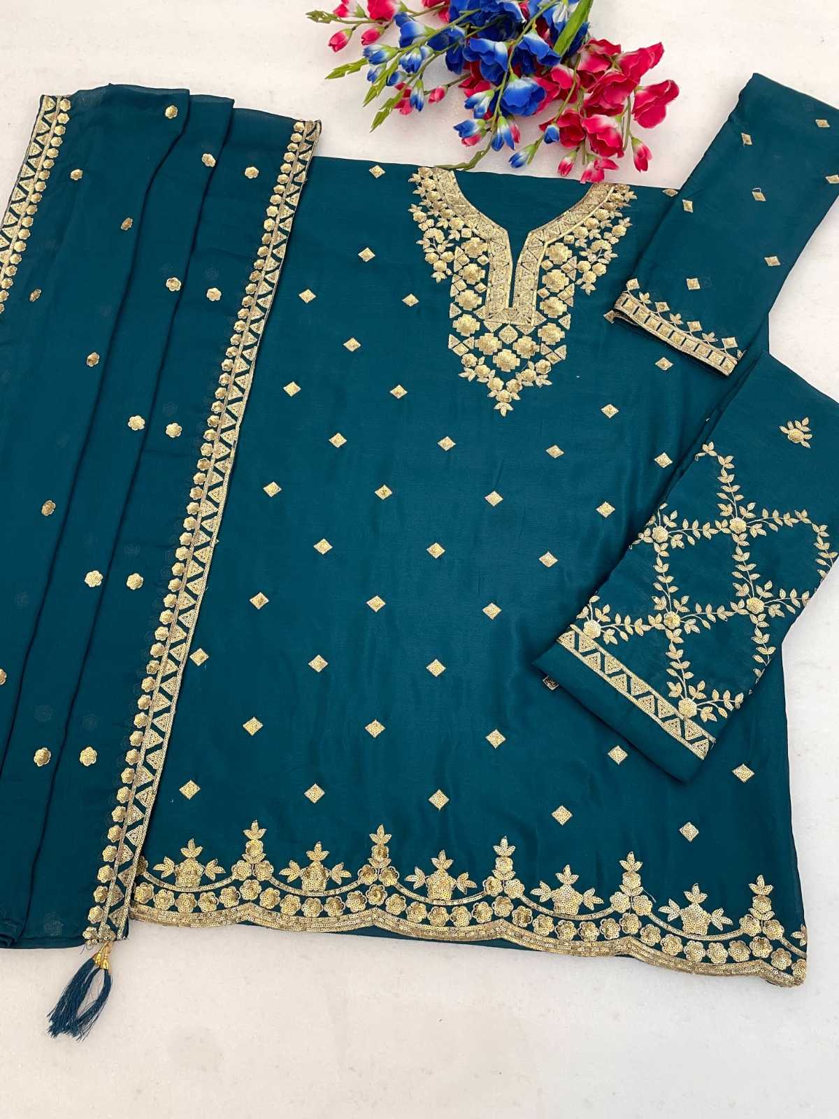 Pavitra Chinon Silk Palazzo Suit in Rani