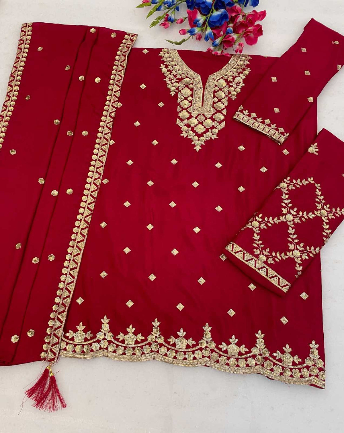 Pavitra Chinon Silk Palazzo Suit in Rani