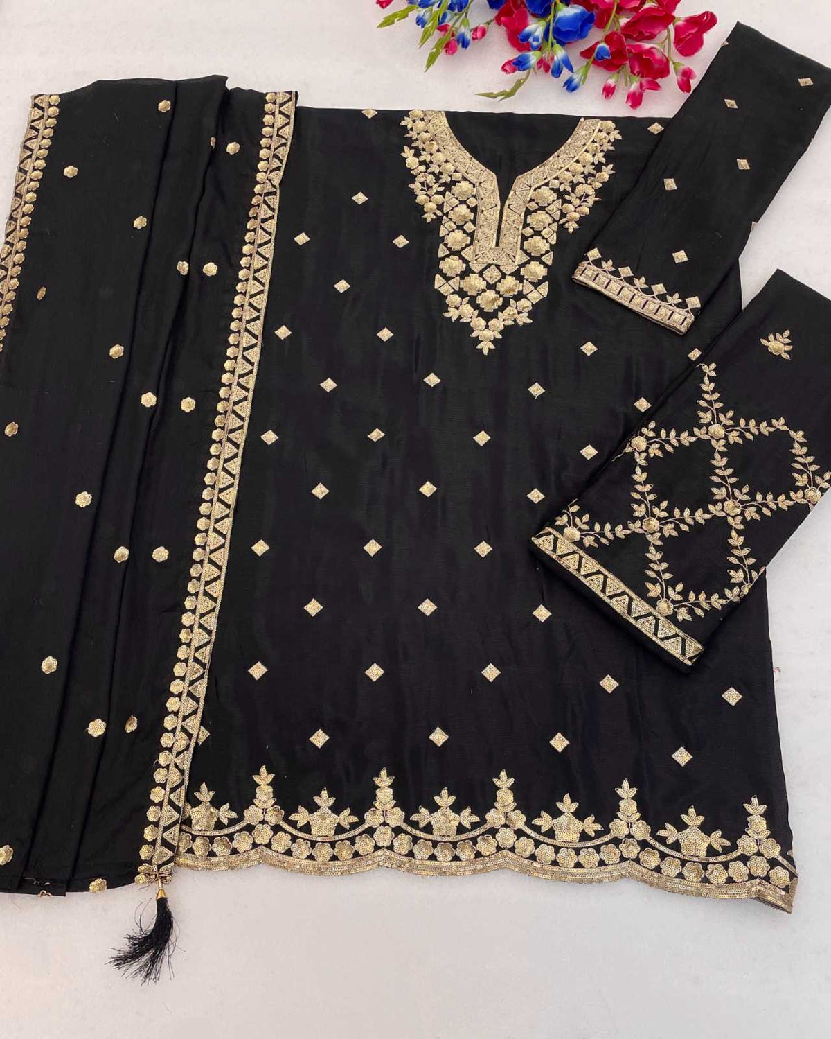 Pavitra Chinon Silk Palazzo Suit in Rani